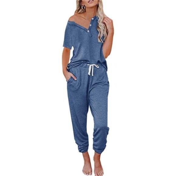 Pants - Button Up Long Sleeve Top and Pants Loungewear Set